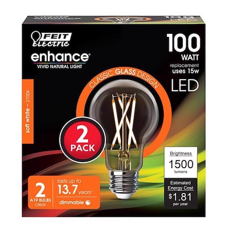 Feit Electric Feit Enhance A19 E26 (Medium) Filament LED Bulb Soft White 100 Watt Equivalence 2 pk A19100CL927CAF2